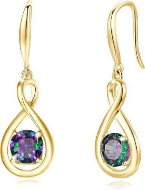 FANCIME Dangle Drop Earrings 925 Sterling Silver Yellow Gold Plated Dainty Infinity Round Gemstone Birthstone Earring Fine Jewelry Birthday Gifts for Her Women