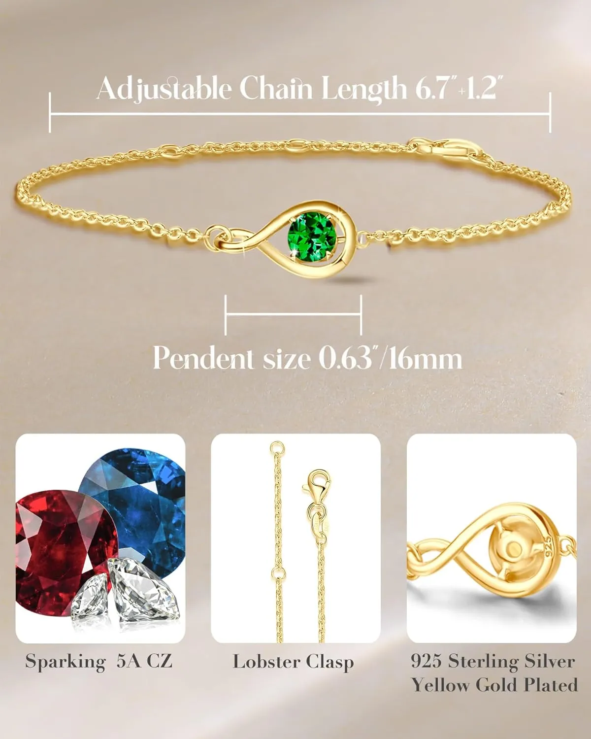 FANCIME Love Bracelet 925 Sterling Silver Infinity Birthstone Bracelets for Women Fine Jewelry Birthday Gifts for Her Mom Wife, Chain Length 6.7" 1.2" Extend