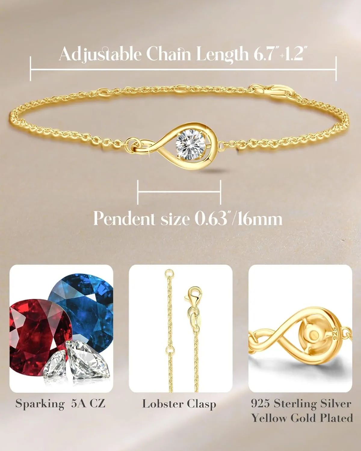 FANCIME Love Bracelet 925 Sterling Silver Infinity Birthstone Bracelets for Women Fine Jewelry Birthday Gifts for Her Mom Wife, Chain Length 6.7" 1.2" Extend