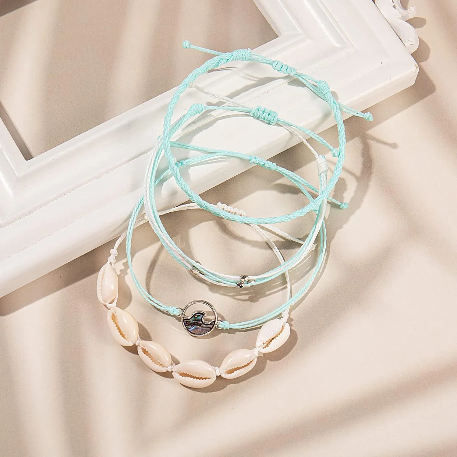 FANCY SHINY Wave String Bracelets Braid Puka Shell Bead Bracelets Handmade Cute Trendy Boho Easter Jewelry Gifts for Women