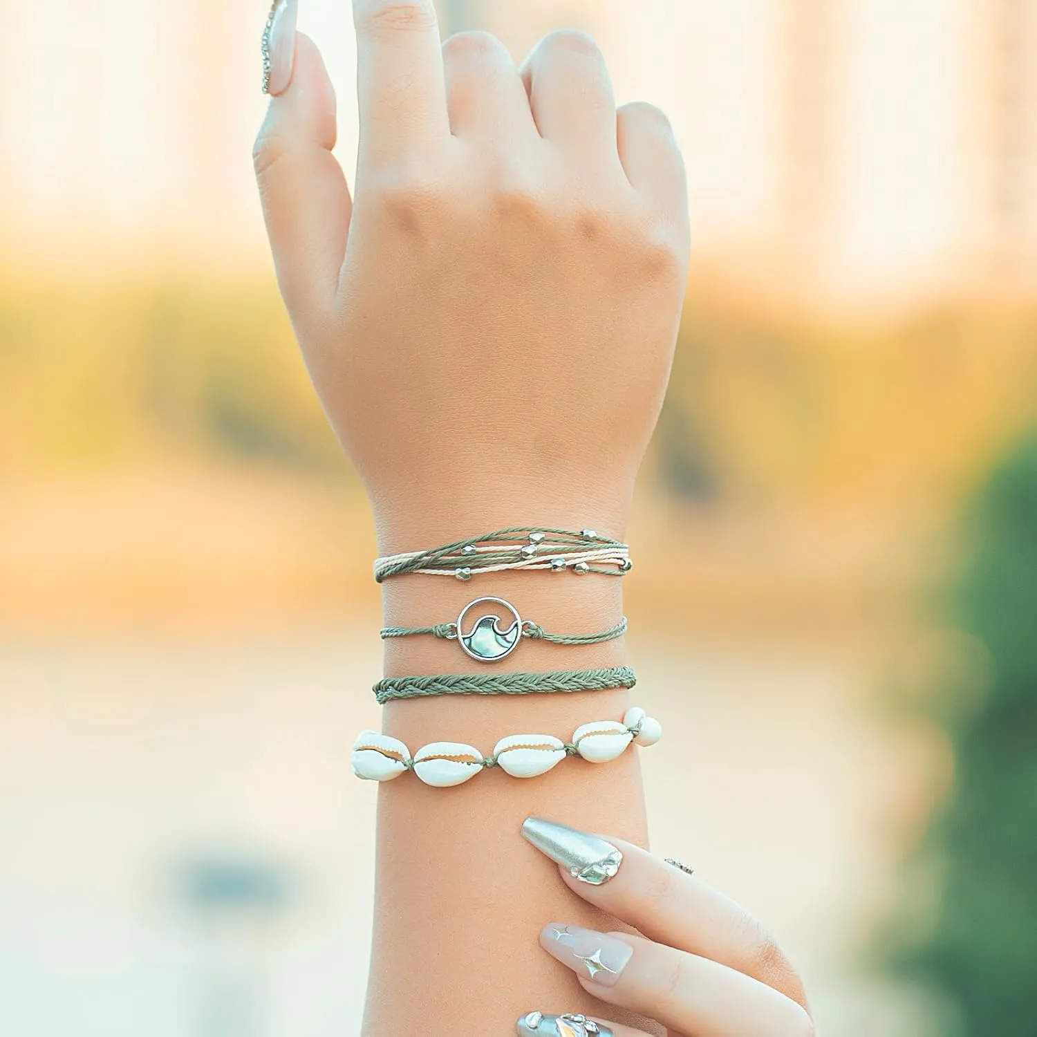 FANCY SHINY Wave String Bracelets Braid Puka Shell Bead Bracelets Handmade Cute Trendy Boho Easter Jewelry Gifts for Women