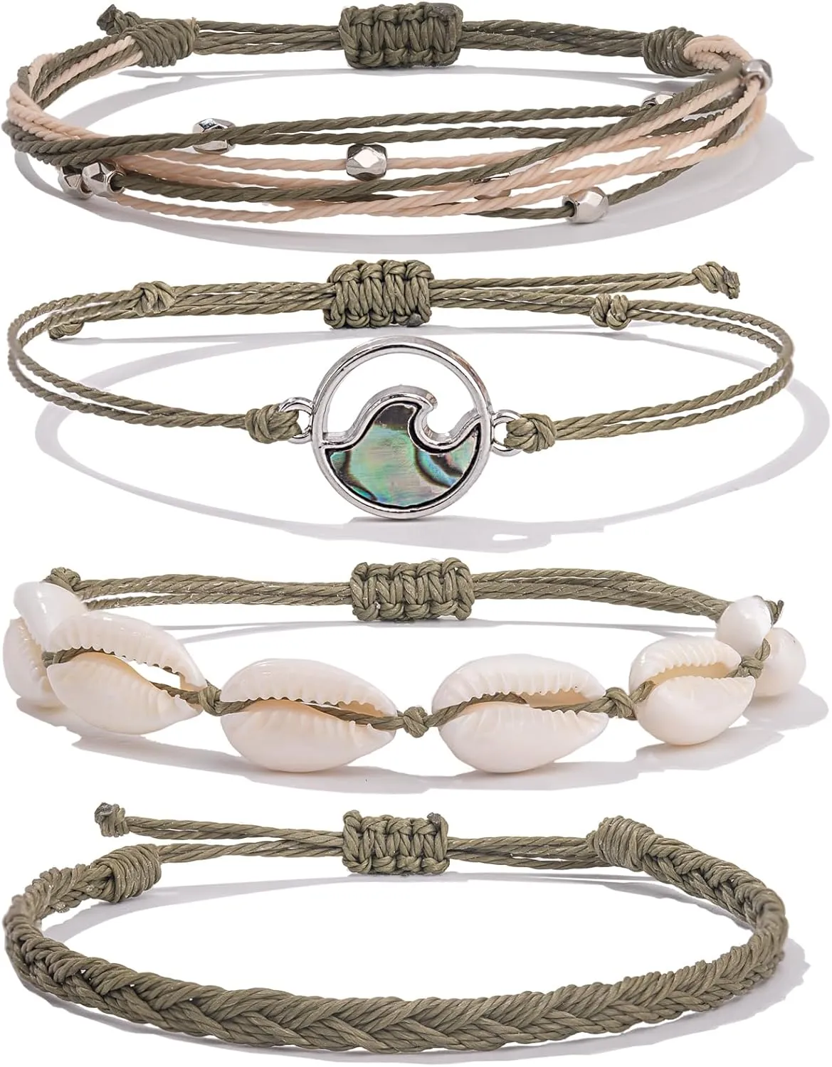 FANCY SHINY Wave String Bracelets Braid Puka Shell Bead Bracelets Handmade Cute Trendy Boho Easter Jewelry Gifts for Women