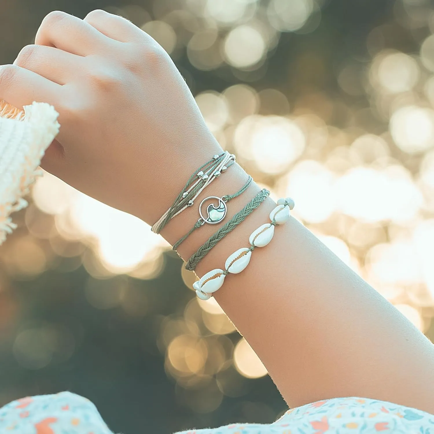 FANCY SHINY Wave String Bracelets Braid Puka Shell Bead Bracelets Handmade Cute Trendy Boho Easter Jewelry Gifts for Women