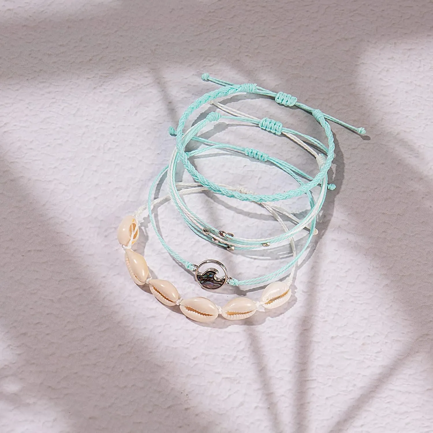 FANCY SHINY Wave String Bracelets Braid Puka Shell Bead Bracelets Handmade Cute Trendy Boho Easter Jewelry Gifts for Women