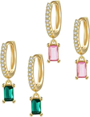Fashion Gold Colours Zircon Drop Earrings Elegant Crystal Zircon Small Rectangle Hoop Earring Luxury Jewelry for Women Green Pink