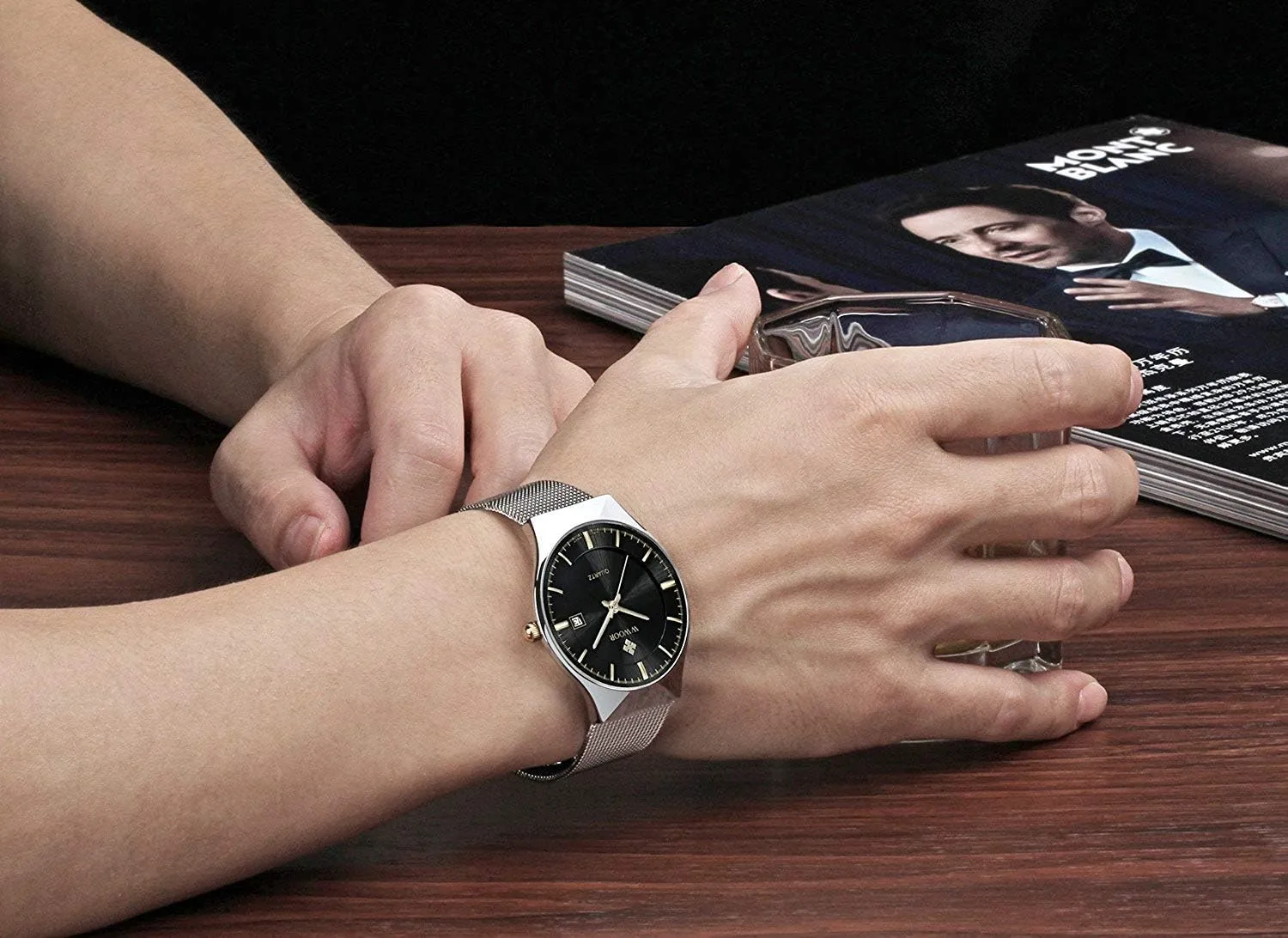 Fashion Luxury Brand Men Quartz Watch Stainless Steel Mesh Strap Ultra Thin Dial Waterproof Clock