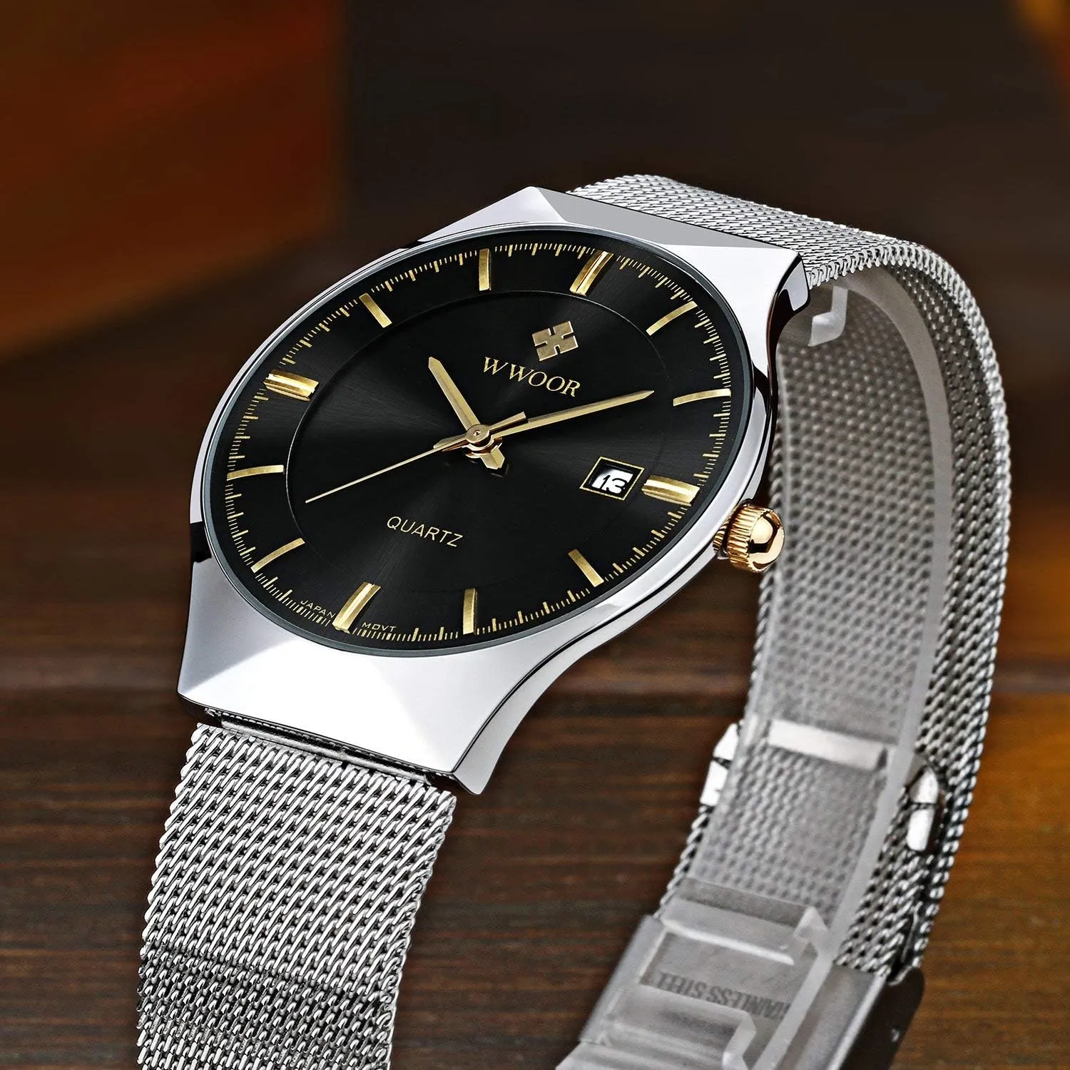 Fashion Luxury Brand Men Quartz Watch Stainless Steel Mesh Strap Ultra Thin Dial Waterproof Clock