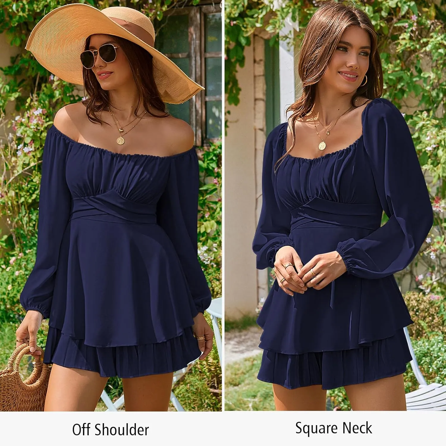 Fixmatti Women off Shoulder Rompers Lantern Long Sleeve Ruffle Tie Mini Shorts Jumpsuit