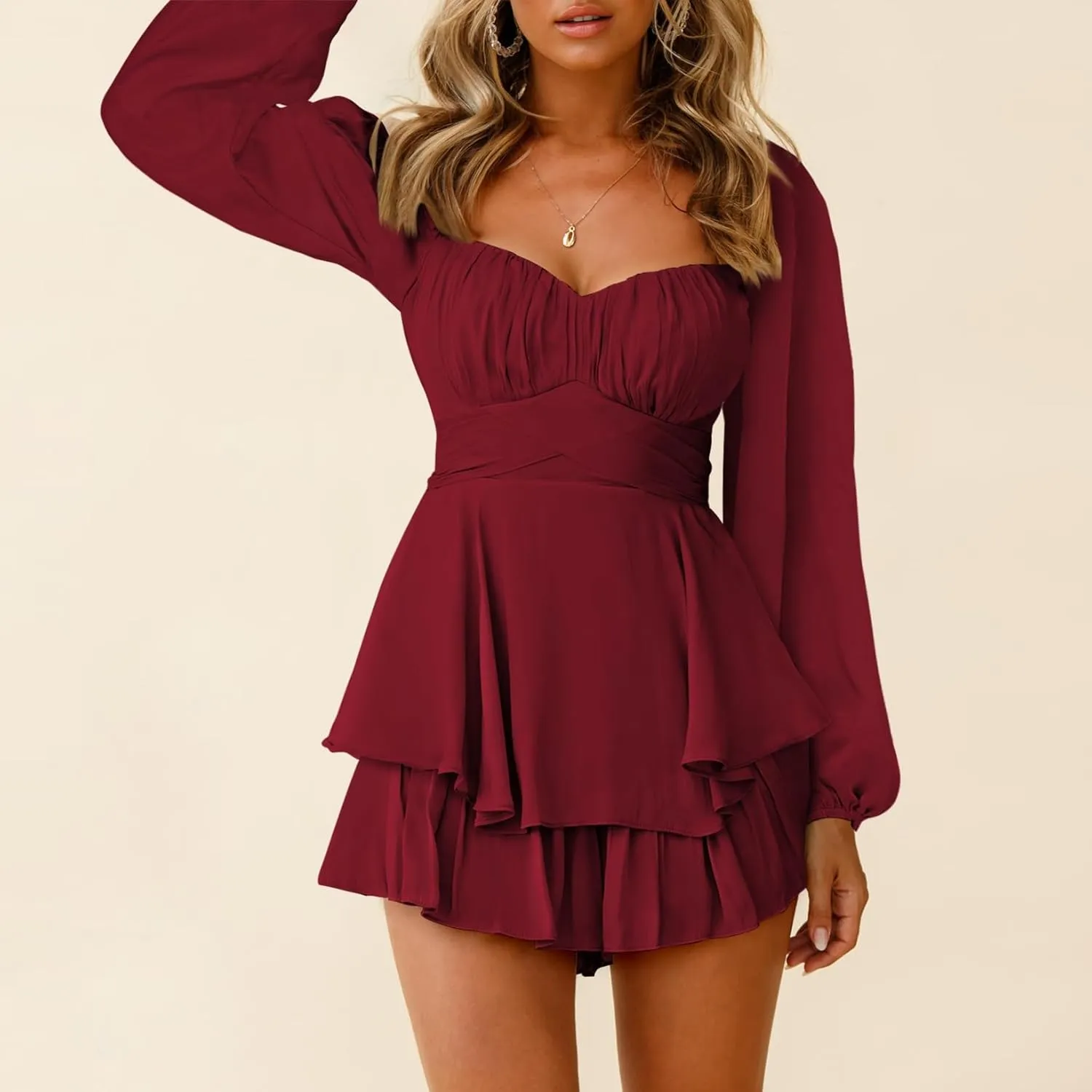 Fixmatti Women off Shoulder Rompers Lantern Long Sleeve Ruffle Tie Mini Shorts Jumpsuit