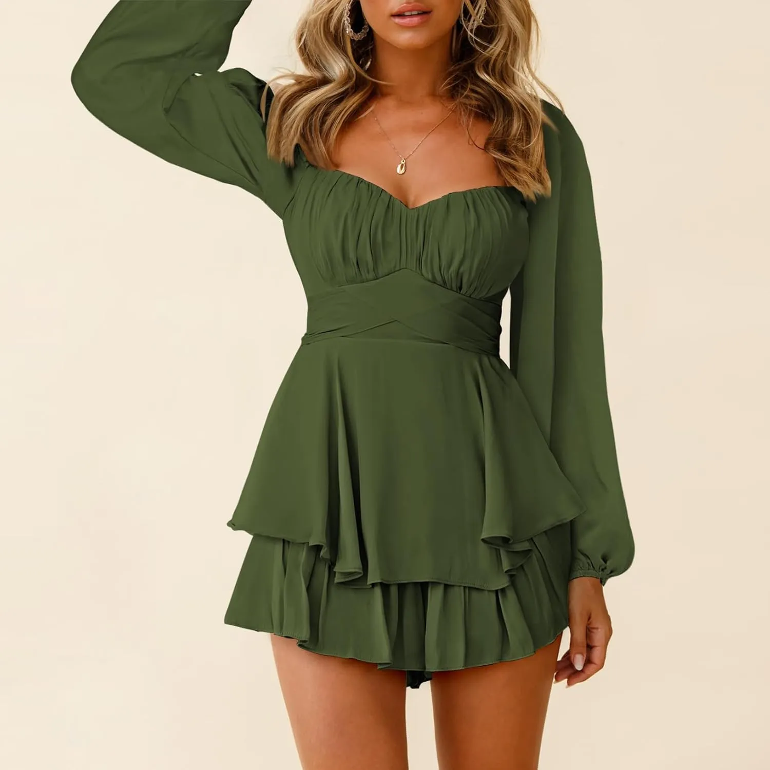 Fixmatti Women off Shoulder Rompers Lantern Long Sleeve Ruffle Tie Mini Shorts Jumpsuit