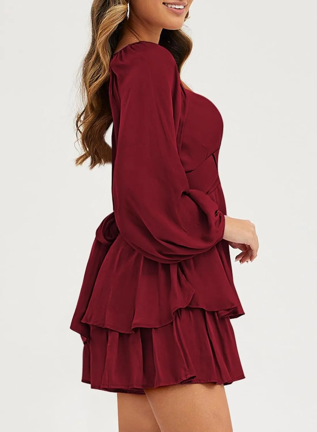 Fixmatti Women off Shoulder Rompers Lantern Long Sleeve Ruffle Tie Mini Shorts Jumpsuit