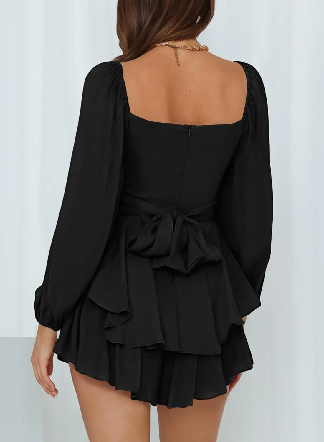 Fixmatti Women off Shoulder Rompers Lantern Long Sleeve Ruffle Tie Mini Shorts Jumpsuit