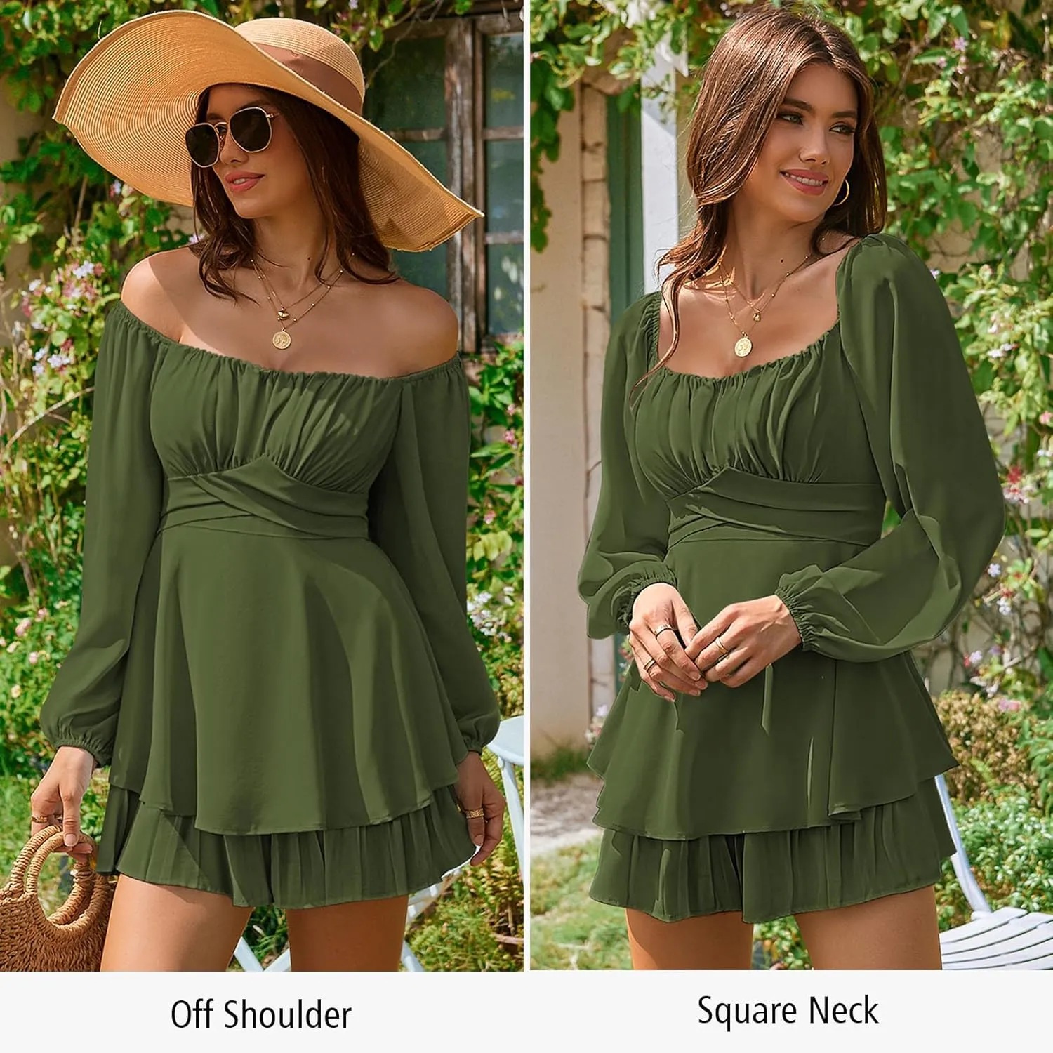 Fixmatti Women off Shoulder Rompers Lantern Long Sleeve Ruffle Tie Mini Shorts Jumpsuit
