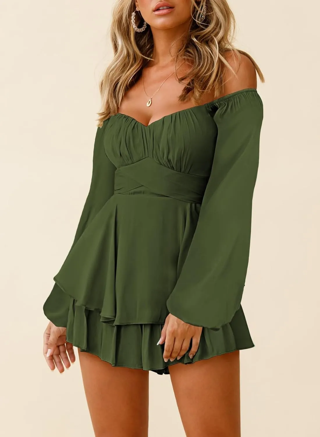 Fixmatti Women off Shoulder Rompers Lantern Long Sleeve Ruffle Tie Mini Shorts Jumpsuit