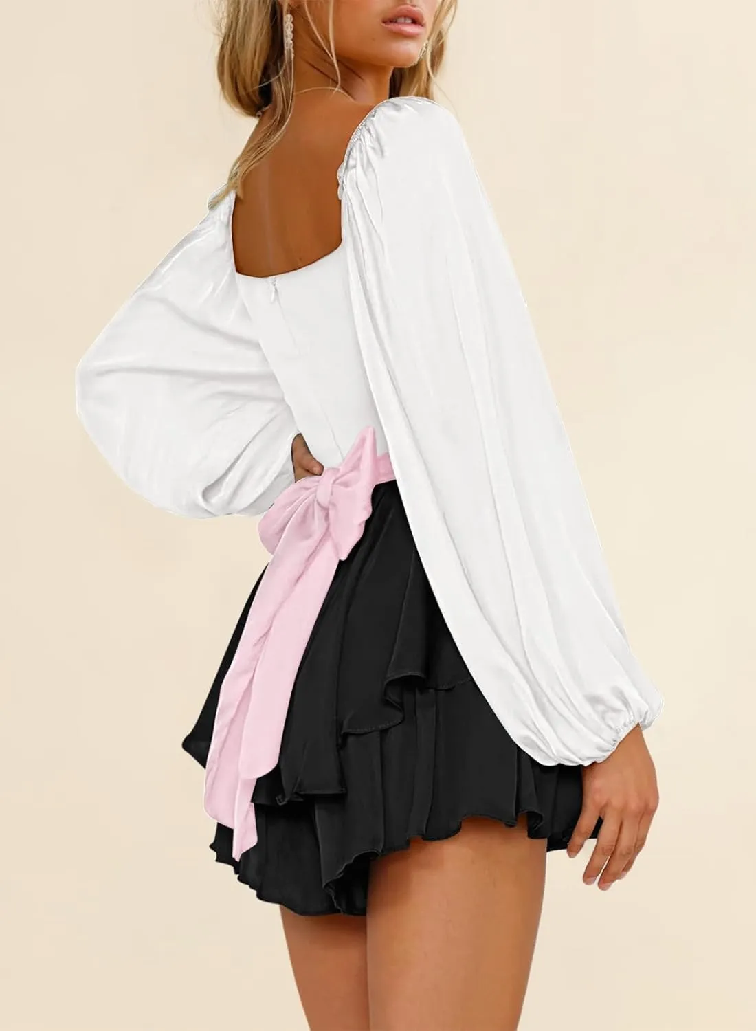 Fixmatti Women off Shoulder Rompers Lantern Long Sleeve Ruffle Tie Mini Shorts Jumpsuit