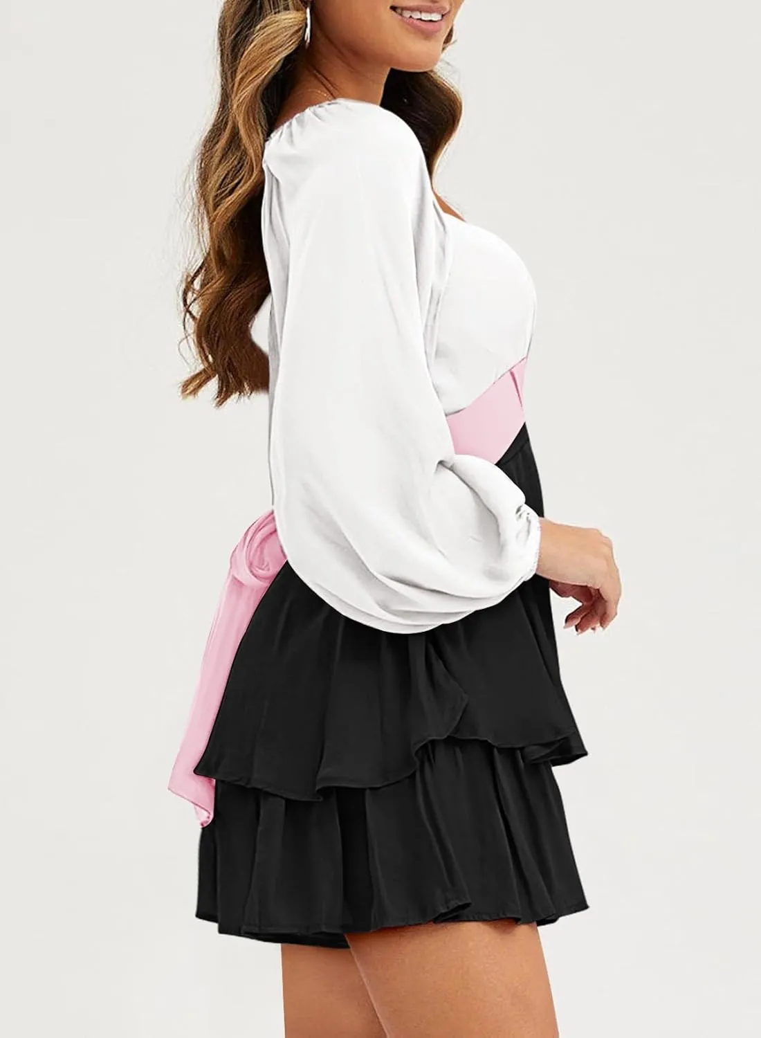 Fixmatti Women off Shoulder Rompers Lantern Long Sleeve Ruffle Tie Mini Shorts Jumpsuit