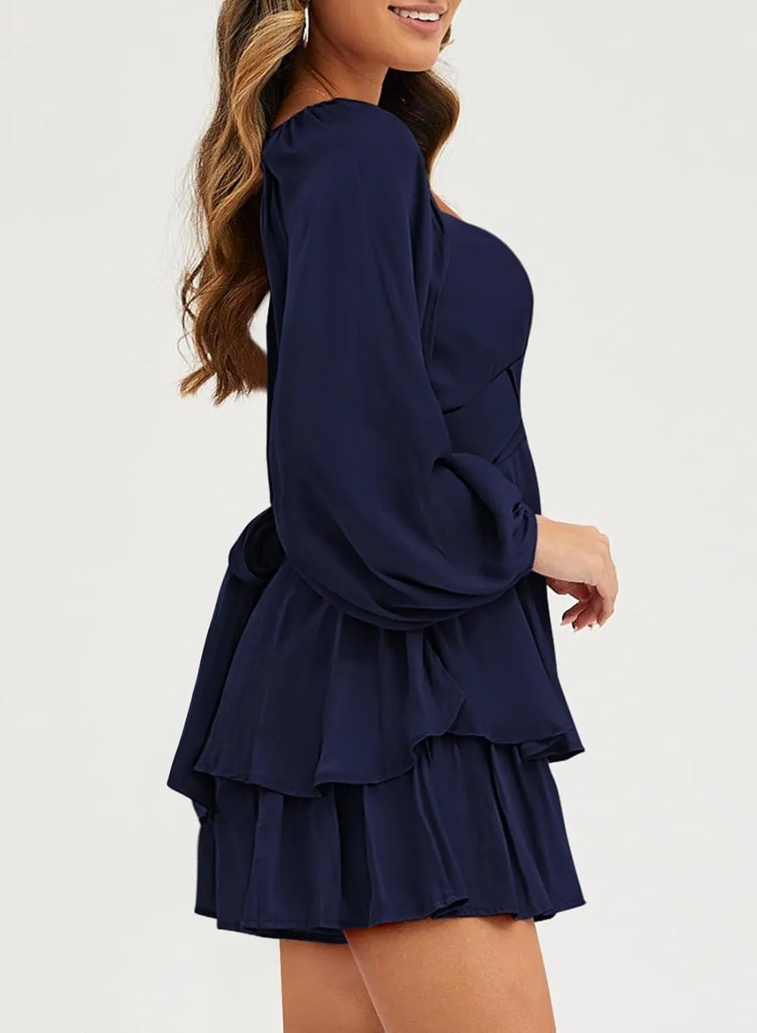 Fixmatti Women off Shoulder Rompers Lantern Long Sleeve Ruffle Tie Mini Shorts Jumpsuit