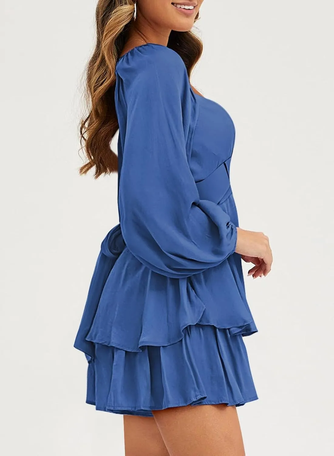 Fixmatti Women off Shoulder Rompers Lantern Long Sleeve Ruffle Tie Mini Shorts Jumpsuit