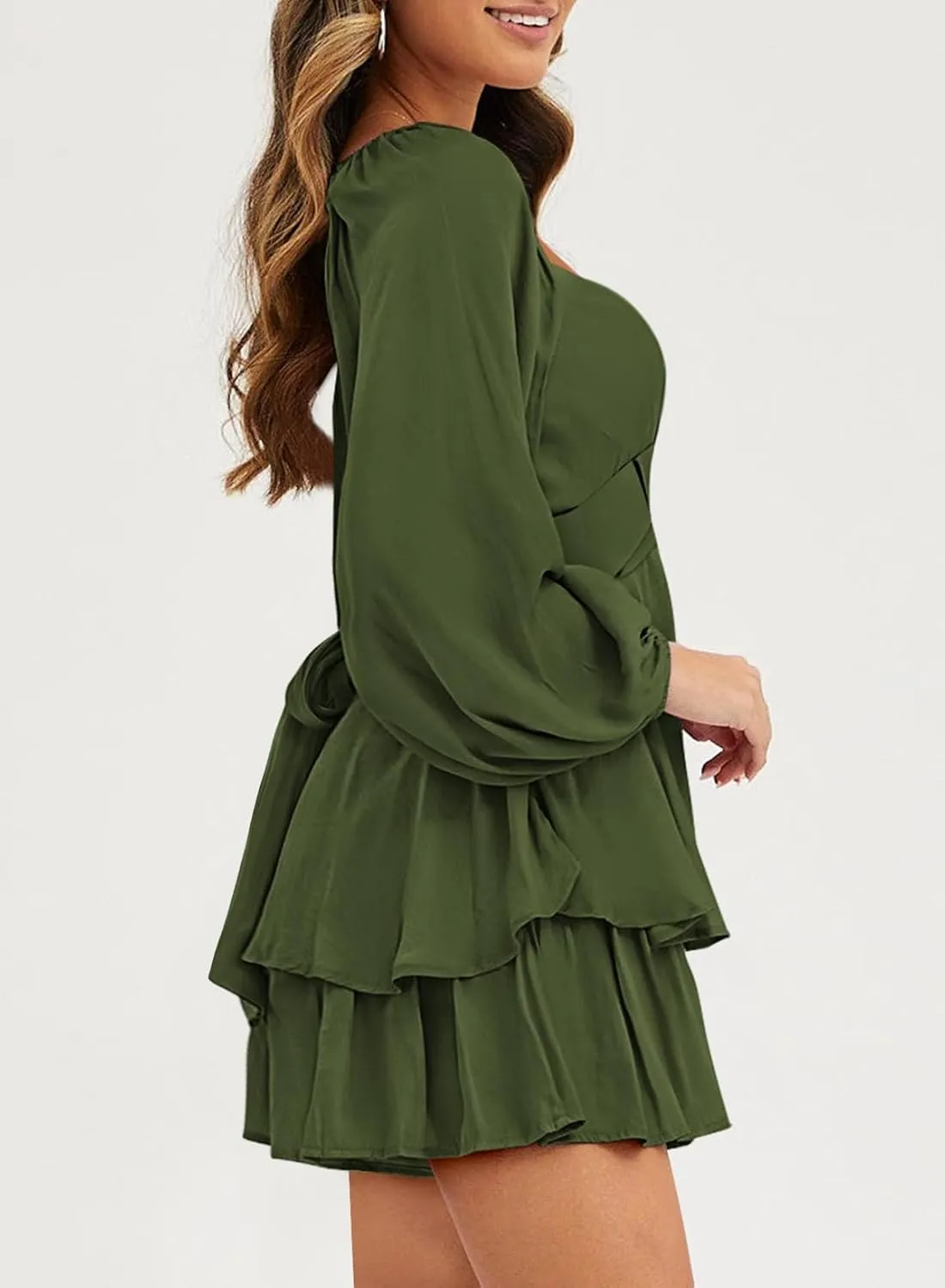 Fixmatti Women off Shoulder Rompers Lantern Long Sleeve Ruffle Tie Mini Shorts Jumpsuit