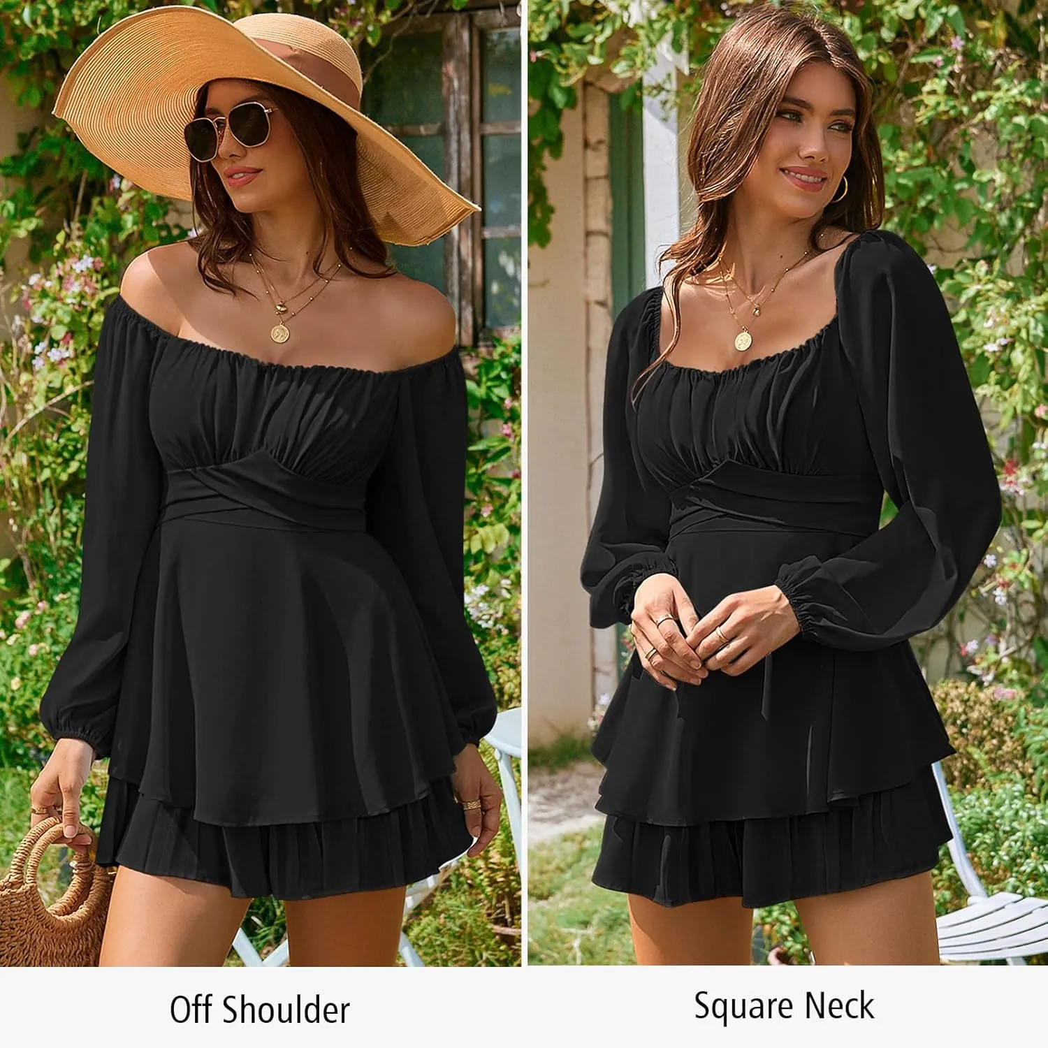 Fixmatti Women off Shoulder Rompers Lantern Long Sleeve Ruffle Tie Mini Shorts Jumpsuit