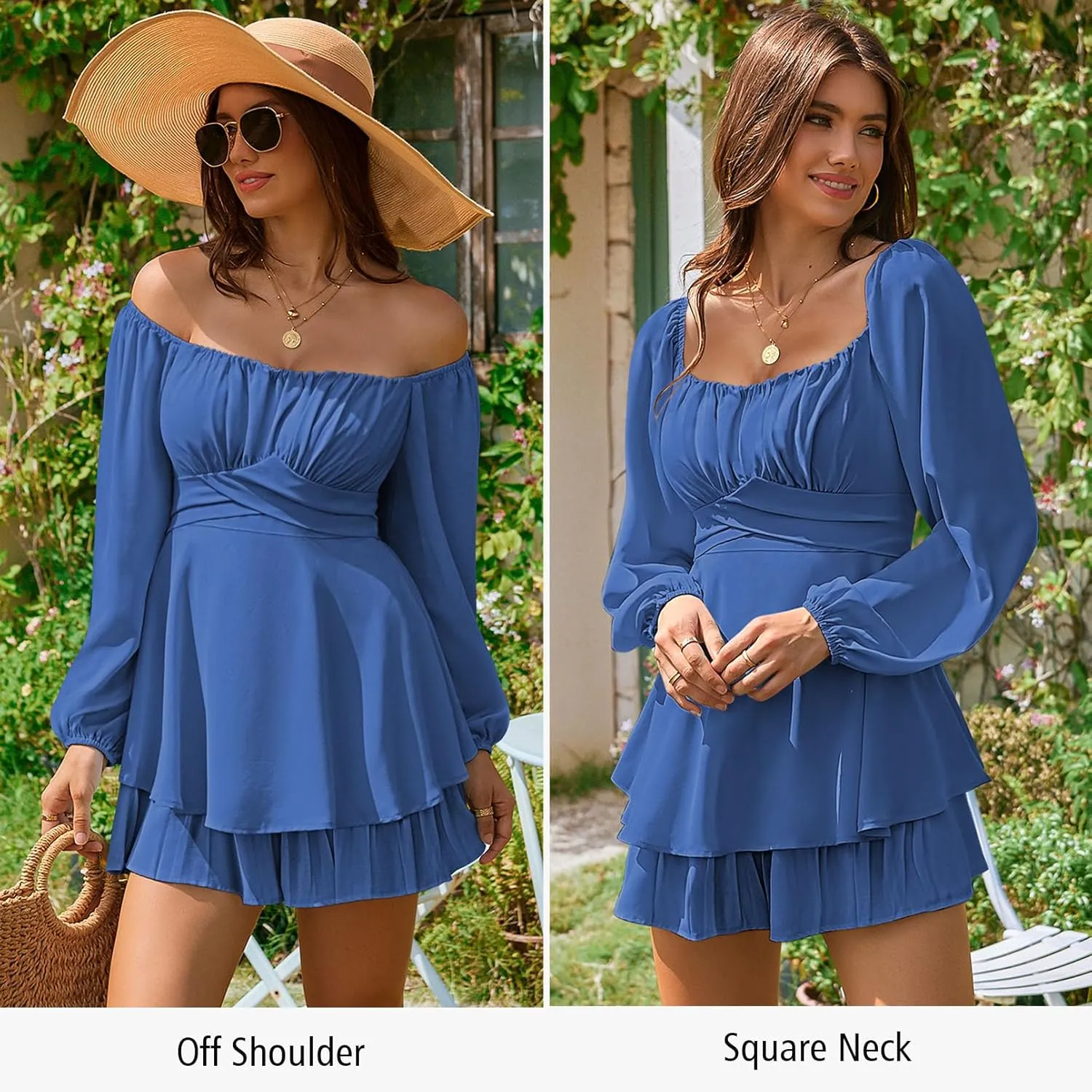 Fixmatti Women off Shoulder Rompers Lantern Long Sleeve Ruffle Tie Mini Shorts Jumpsuit