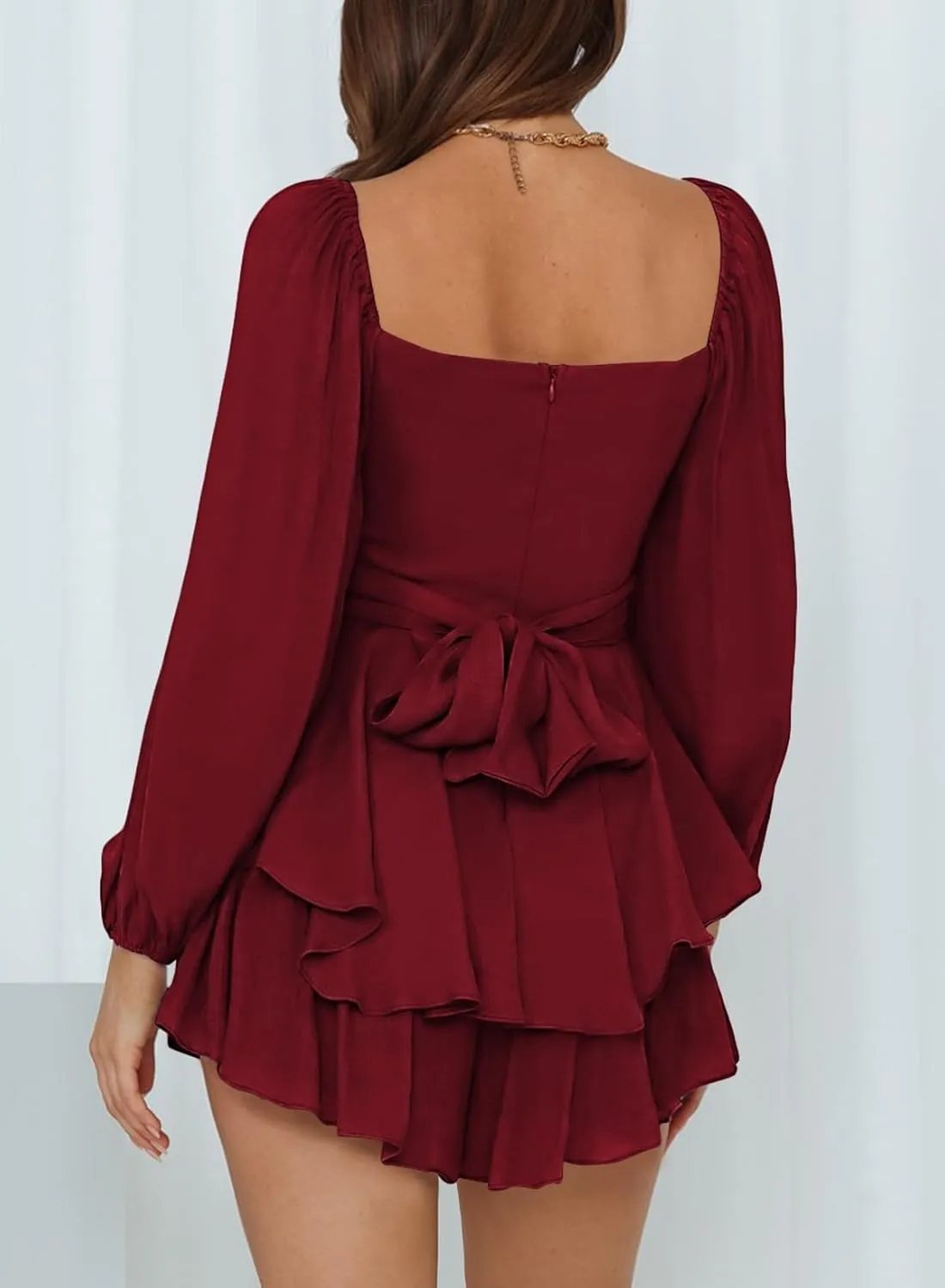 Fixmatti Women off Shoulder Rompers Lantern Long Sleeve Ruffle Tie Mini Shorts Jumpsuit