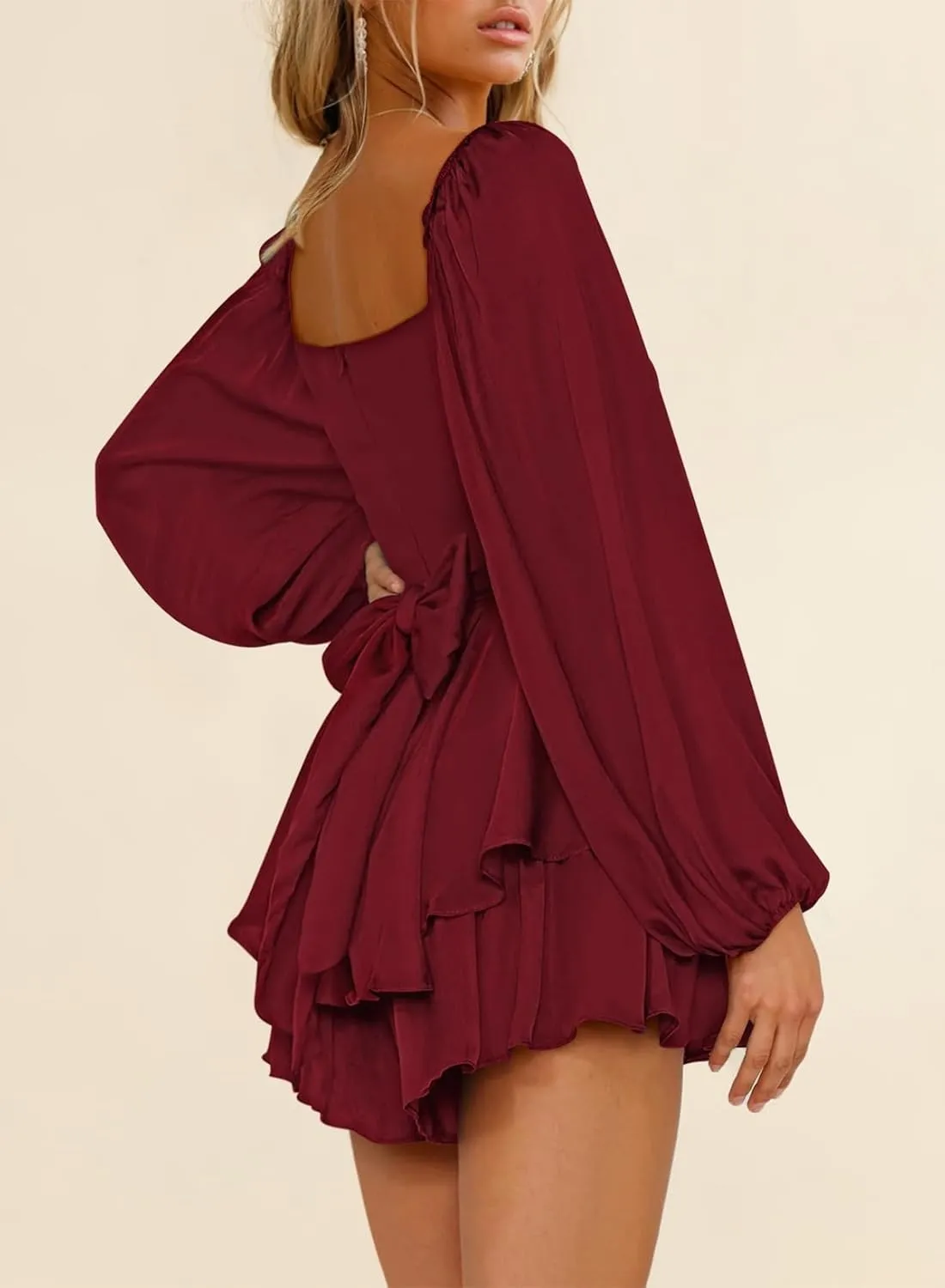 Fixmatti Women off Shoulder Rompers Lantern Long Sleeve Ruffle Tie Mini Shorts Jumpsuit