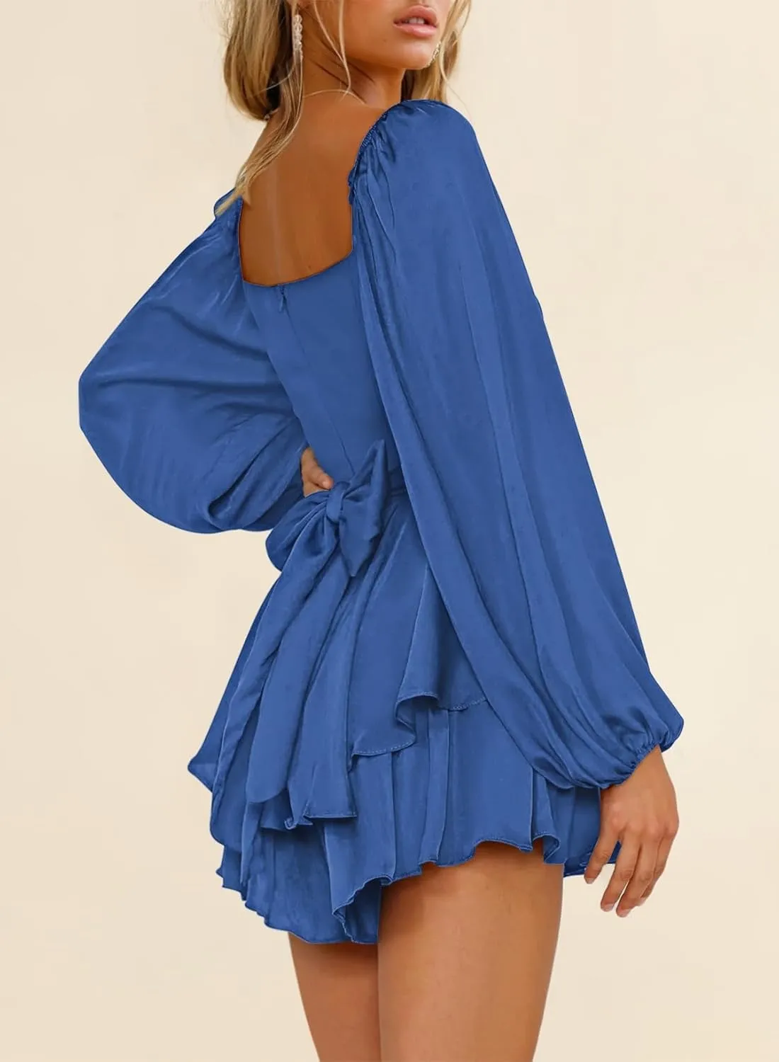 Fixmatti Women off Shoulder Rompers Lantern Long Sleeve Ruffle Tie Mini Shorts Jumpsuit