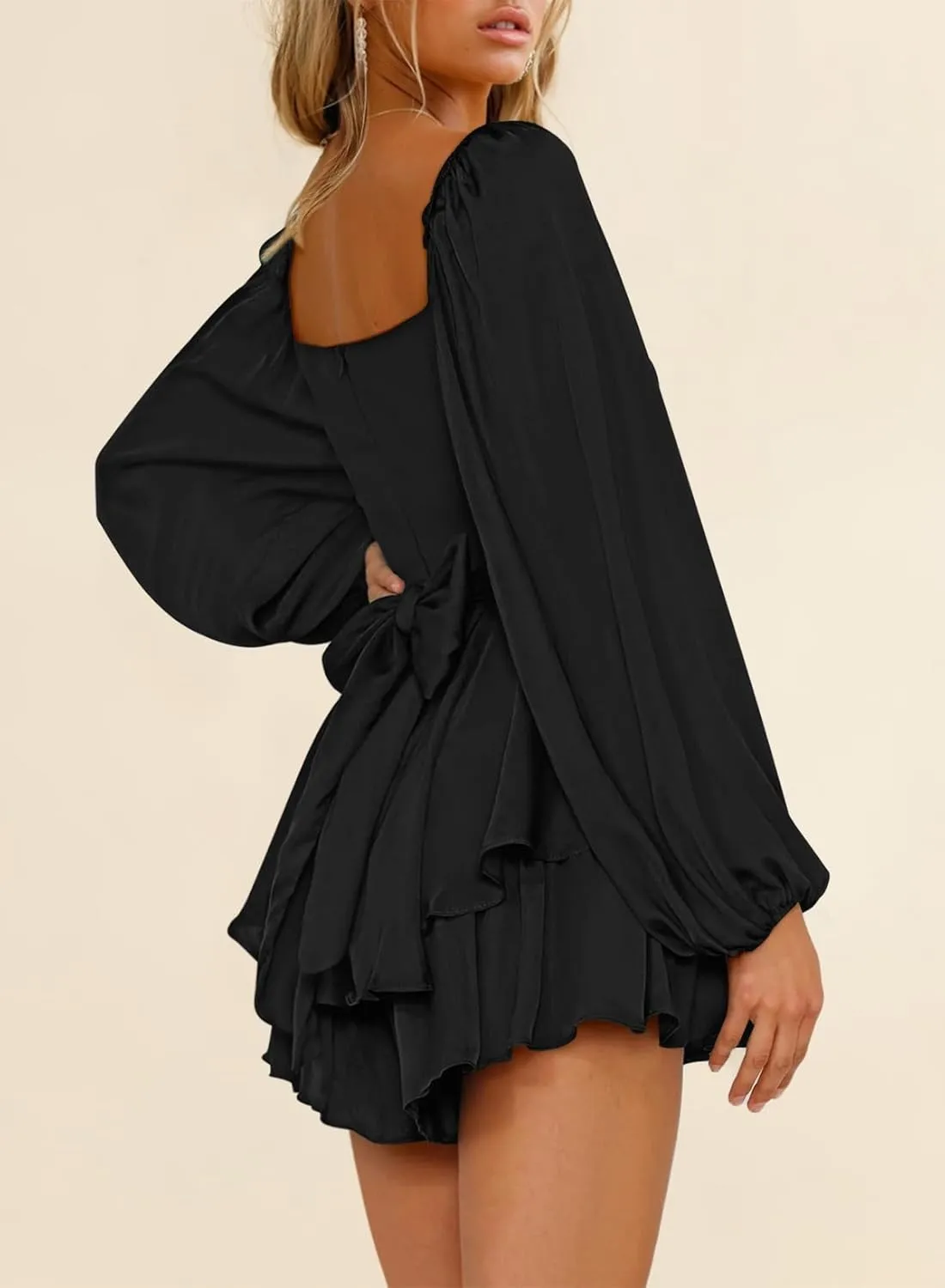Fixmatti Women off Shoulder Rompers Lantern Long Sleeve Ruffle Tie Mini Shorts Jumpsuit