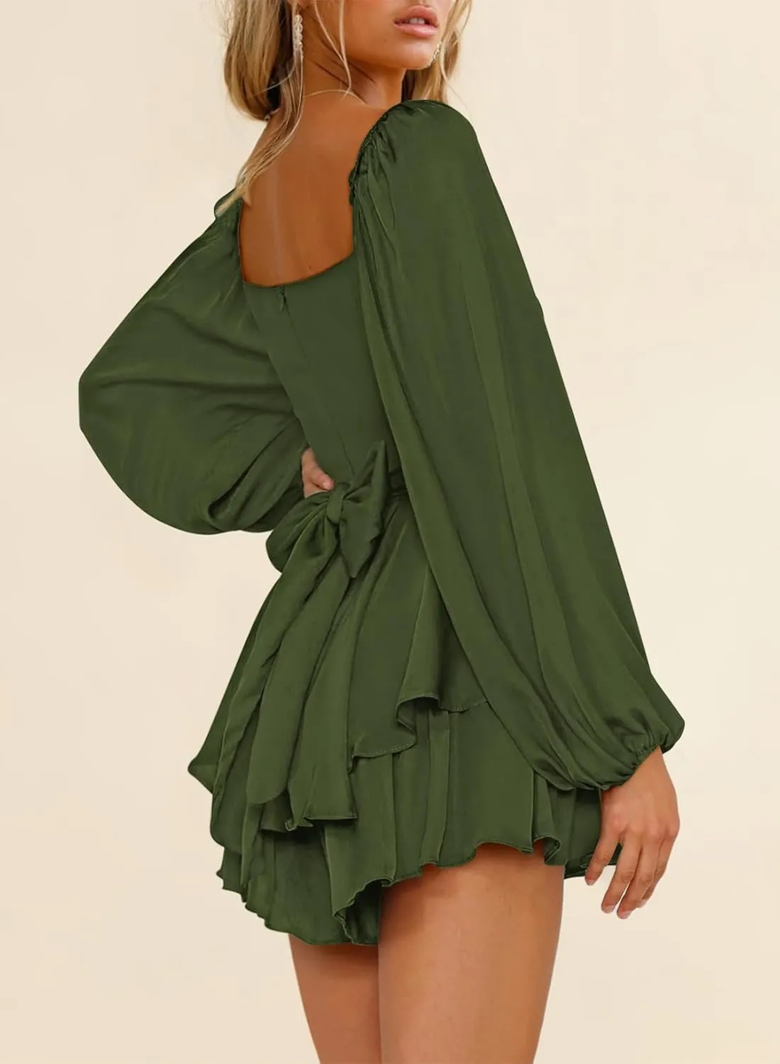 Fixmatti Women off Shoulder Rompers Lantern Long Sleeve Ruffle Tie Mini Shorts Jumpsuit