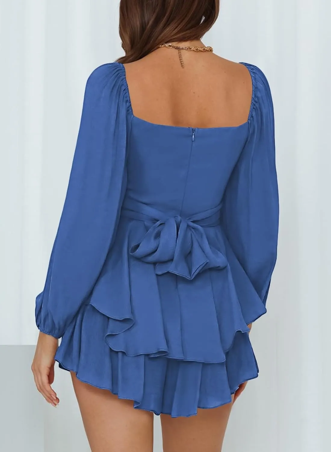 Fixmatti Women off Shoulder Rompers Lantern Long Sleeve Ruffle Tie Mini Shorts Jumpsuit