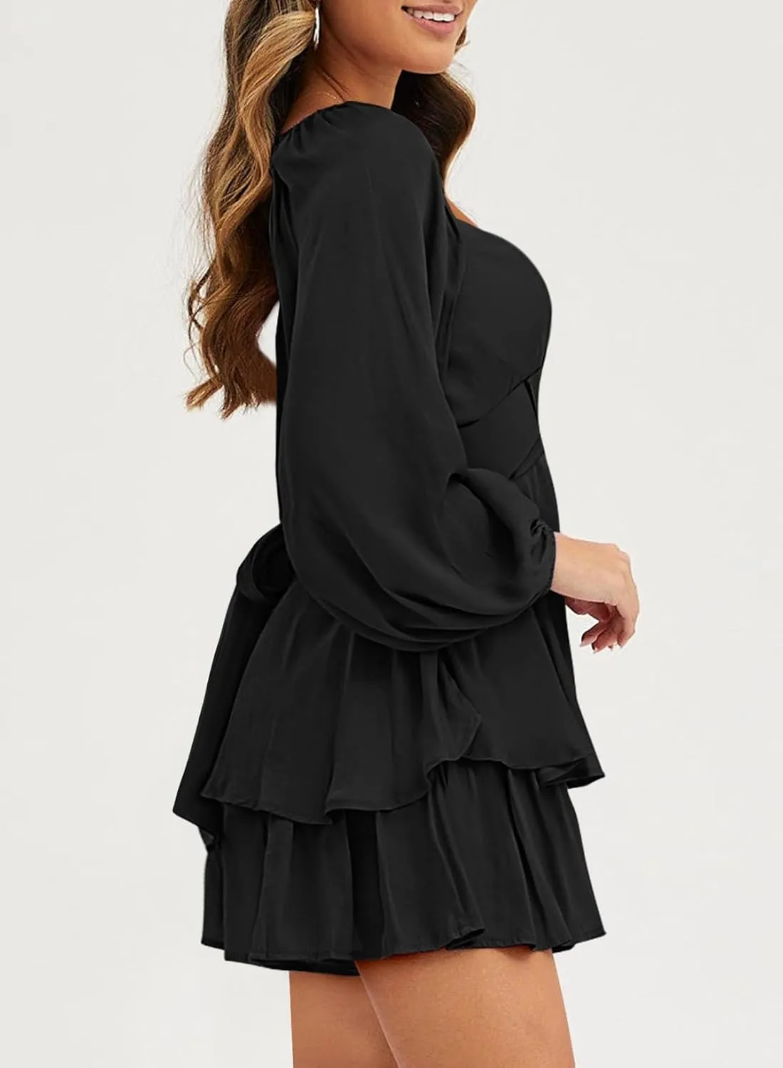 Fixmatti Women off Shoulder Rompers Lantern Long Sleeve Ruffle Tie Mini Shorts Jumpsuit