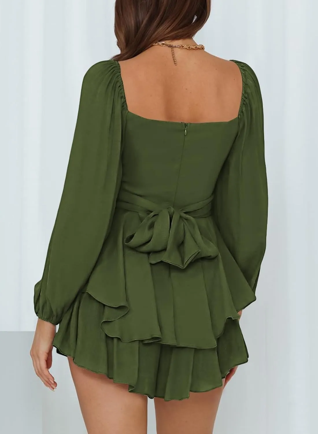 Fixmatti Women off Shoulder Rompers Lantern Long Sleeve Ruffle Tie Mini Shorts Jumpsuit