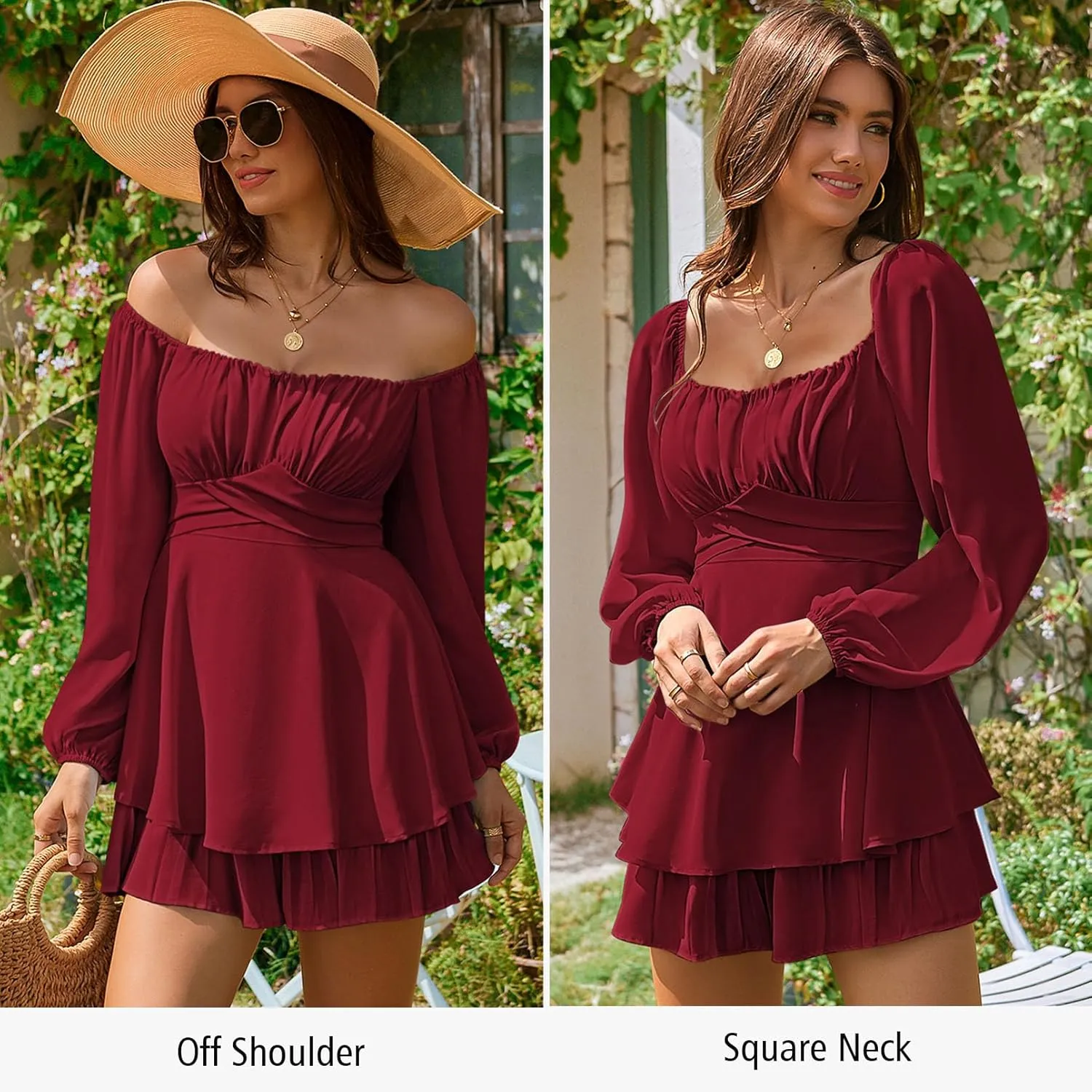 Fixmatti Women off Shoulder Rompers Lantern Long Sleeve Ruffle Tie Mini Shorts Jumpsuit