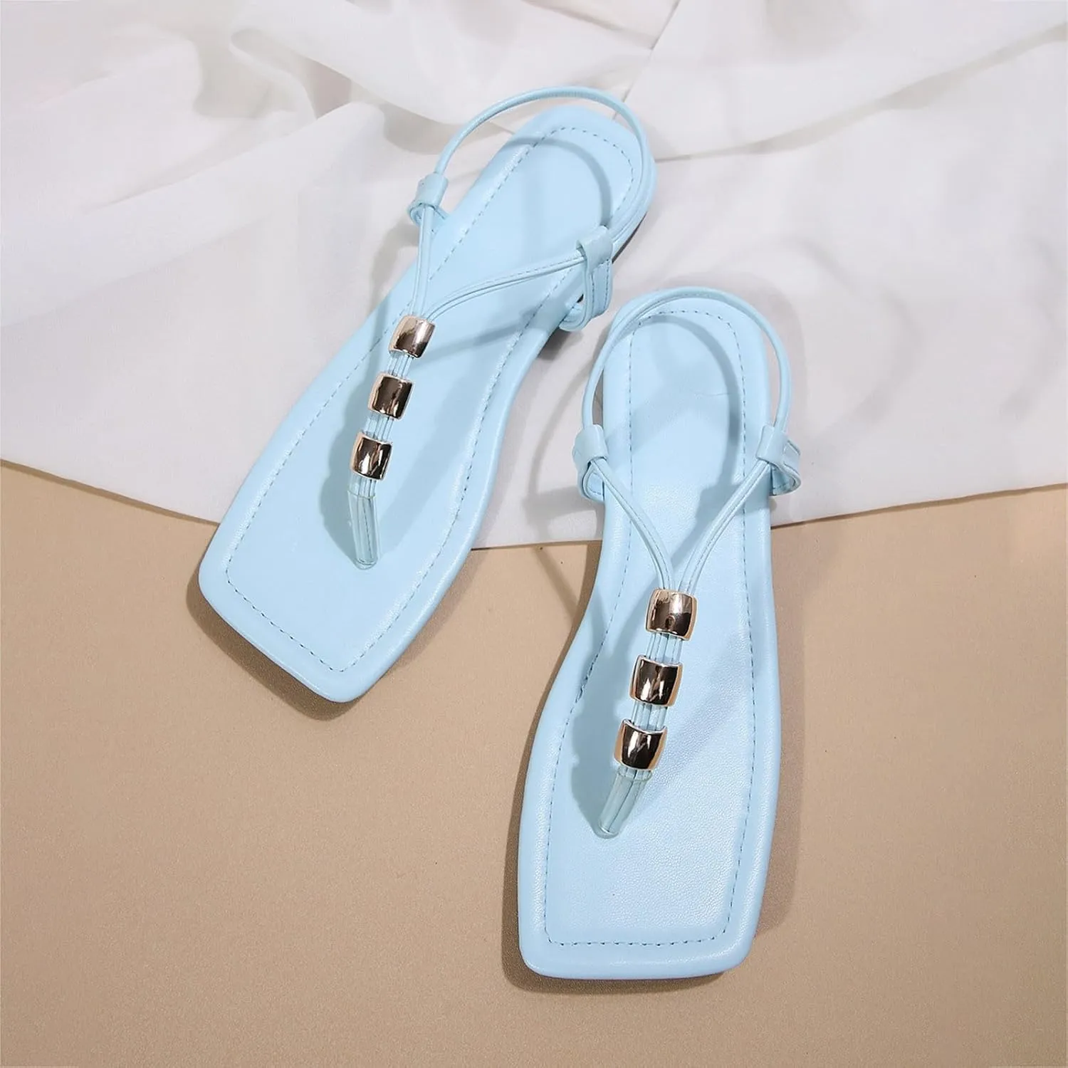 Flat Sandals for Women Breathable Open Toe Walking Flip Flops Summer Dressy Wedding Shoes Outdoor Beach Vacation Square Head Peep Toe Slippers Indoor Work Non-Slip Casual Footwear with Beaded