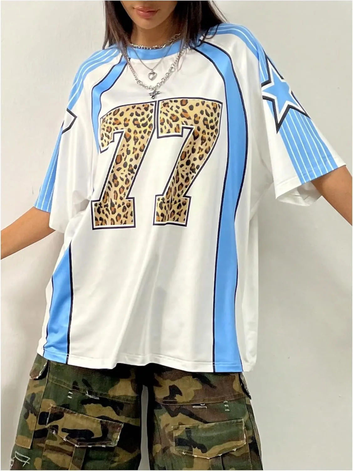 Floerns Women's Plus Size Cheetah Number Print Half Sleeve T Shirt Crew Neck Jersey Tee Tops