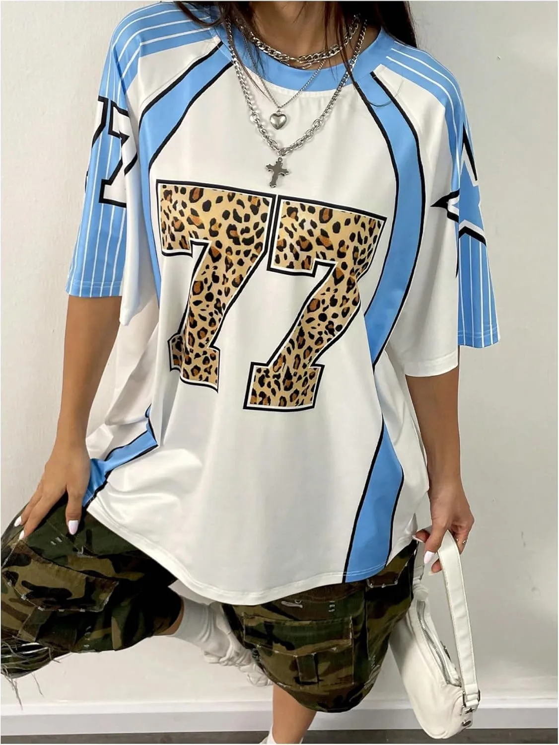 Floerns Women's Plus Size Cheetah Number Print Half Sleeve T Shirt Crew Neck Jersey Tee Tops