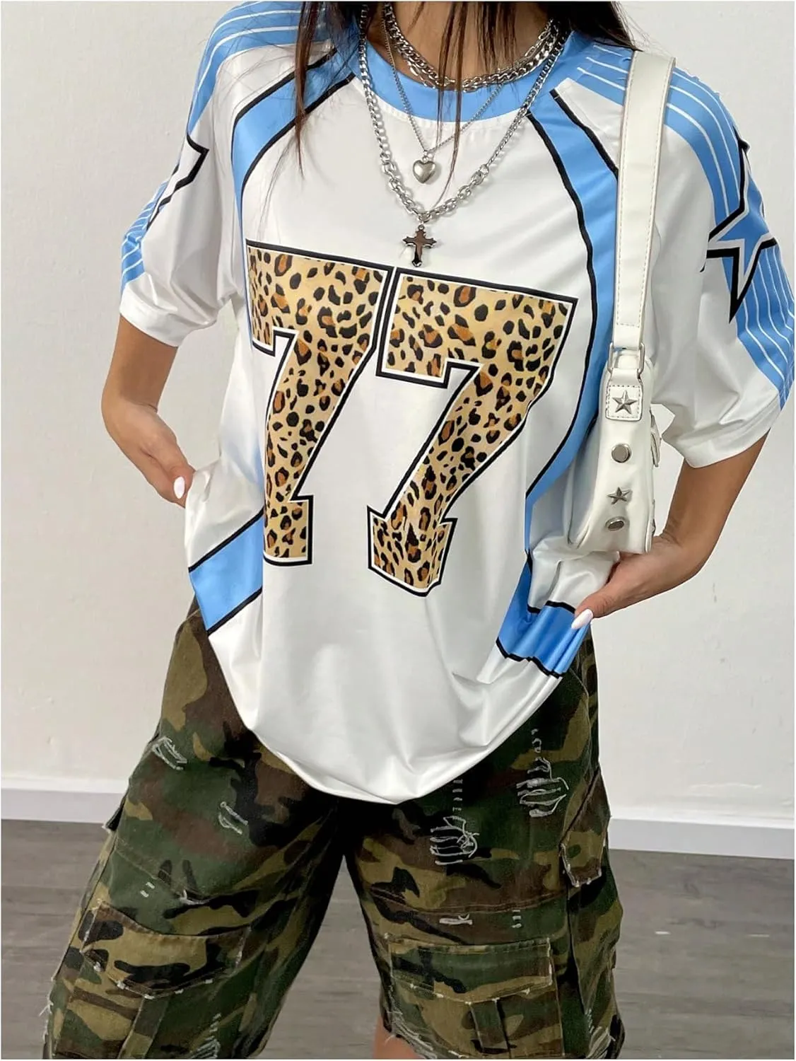 Floerns Women's Plus Size Cheetah Number Print Half Sleeve T Shirt Crew Neck Jersey Tee Tops