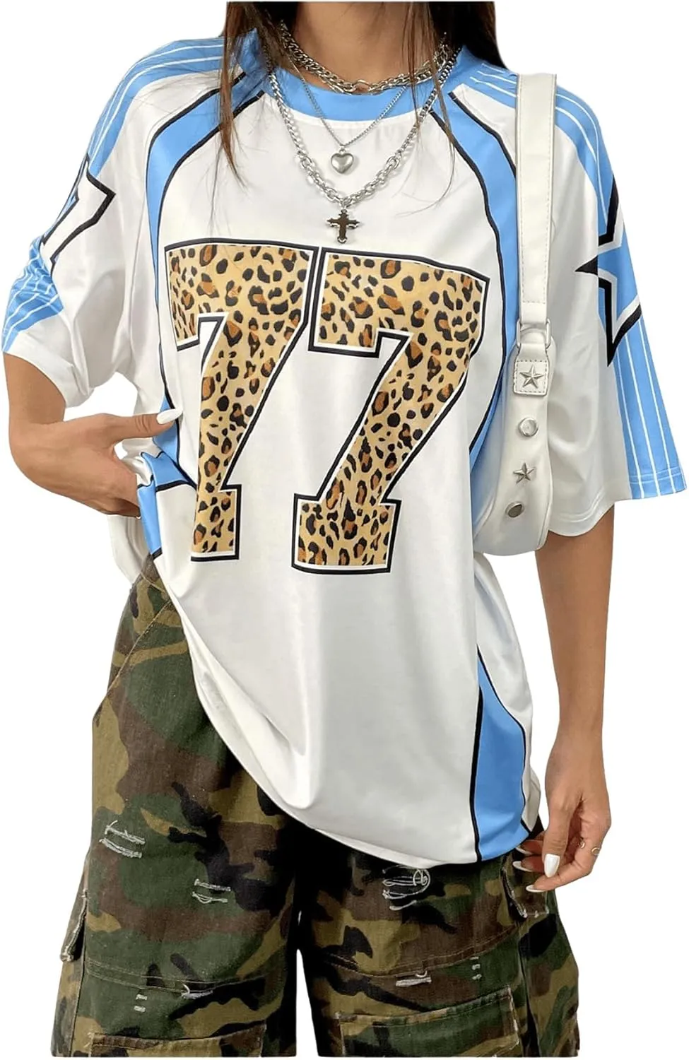 Floerns Women's Plus Size Cheetah Number Print Half Sleeve T Shirt Crew Neck Jersey Tee Tops