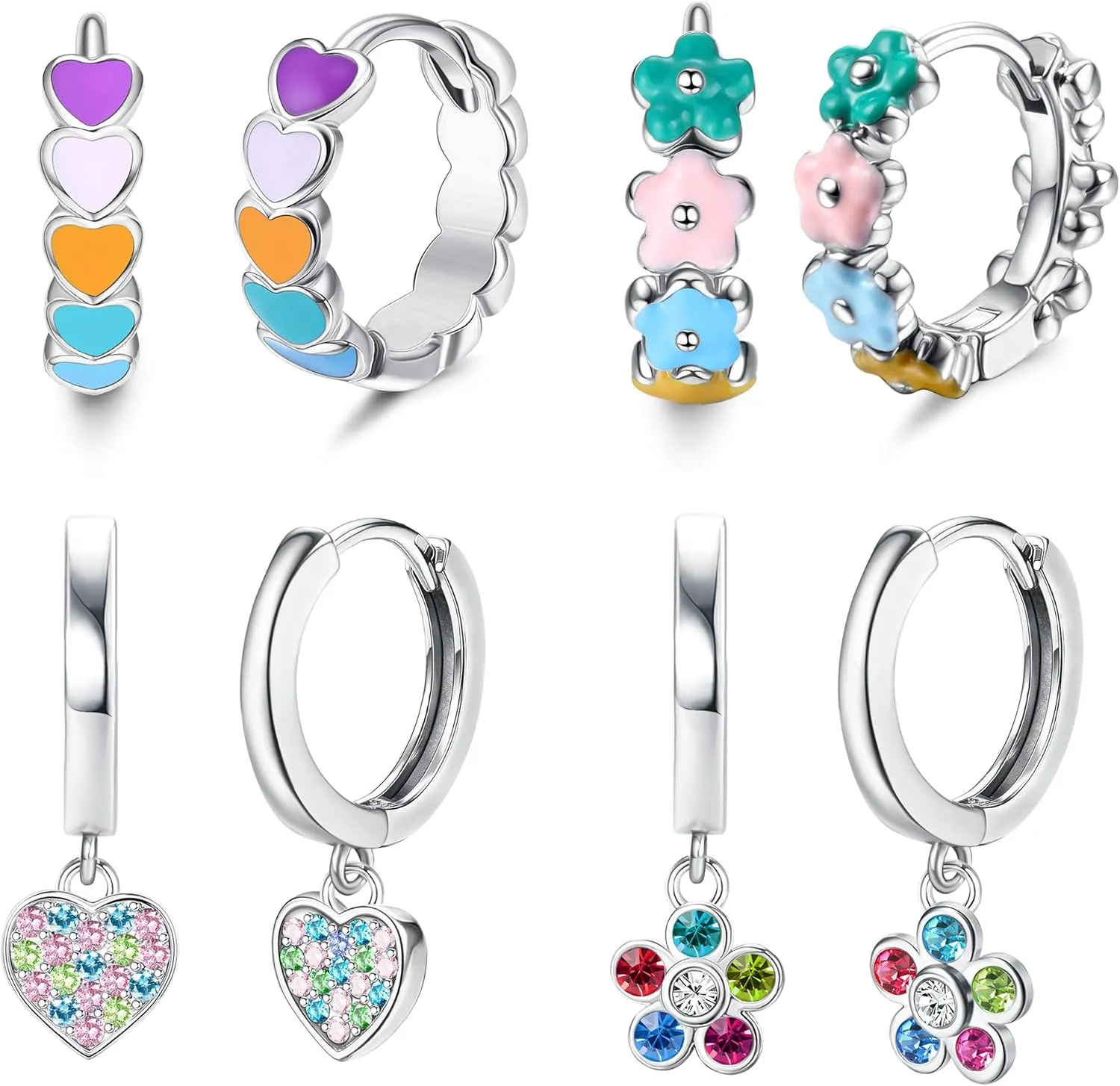 Florideco Hypoallergenic Small Hoop Earrings for Girls Women S925 Silver Needle Toddler Earrings Girls Hoop Earrings Dangling Huggie Teens Earrings Set for Sensitive Ears(over 4 years old)