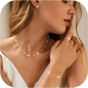 Florideco Pearl Necklace for Women 14K Gold/Silver Plated Pearl Necklace and Earring Set Adjustable Pearl Choker Necklace Bracelet Pearl Earrings Dainty Wedding Pearl Jewelry