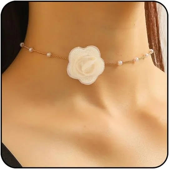 Flower Choker Necklaces for Women Rose Necklace for Women with Pearl Dainty Red Rose Choker Necklace for Women Flower Jewelry for Women Party Prom
