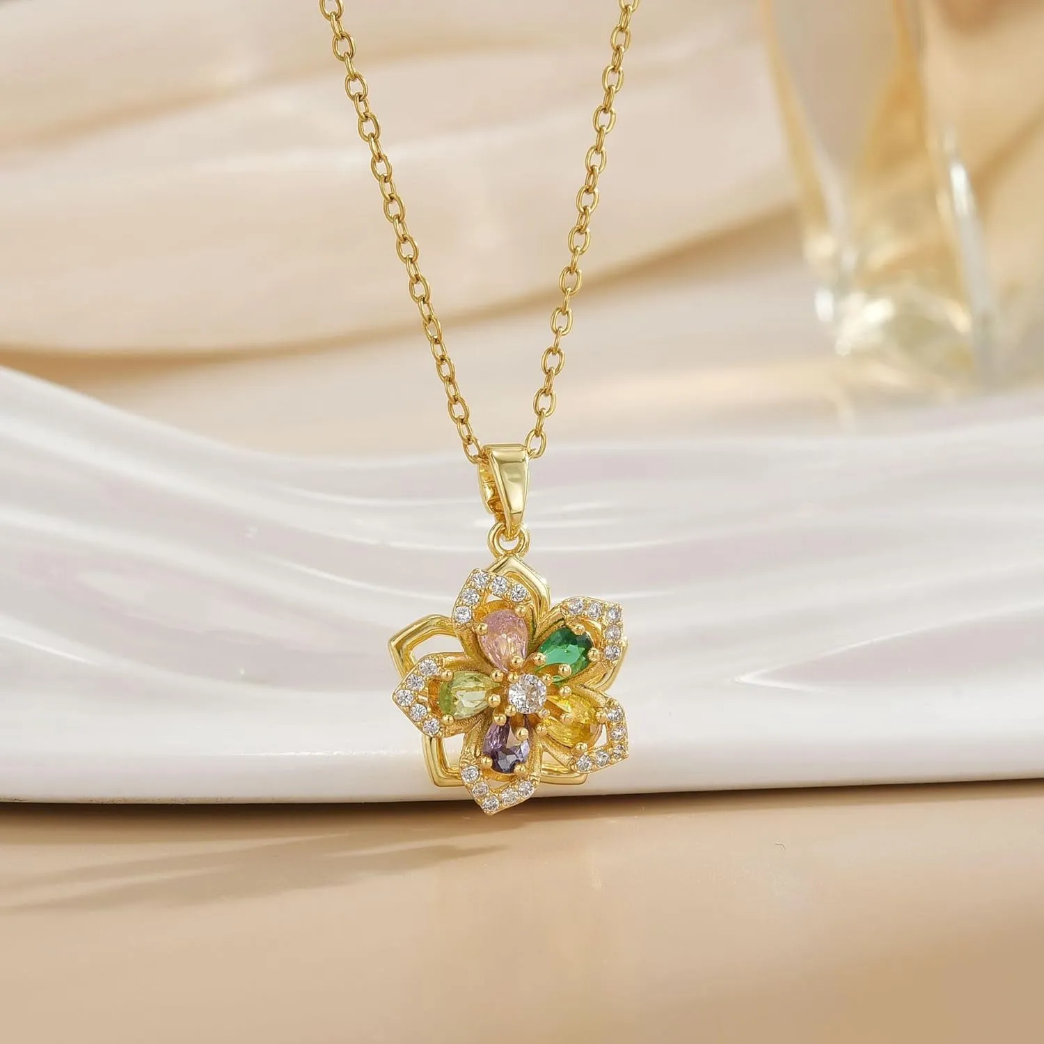 Flower Necklace for Women Dainty Fidget Necklace Rotatable Crystal Blossom Pendant Necklaces Adjustable Spinning Fidget Necklaces Redbud Flower Choker Funny Summer Jewelry