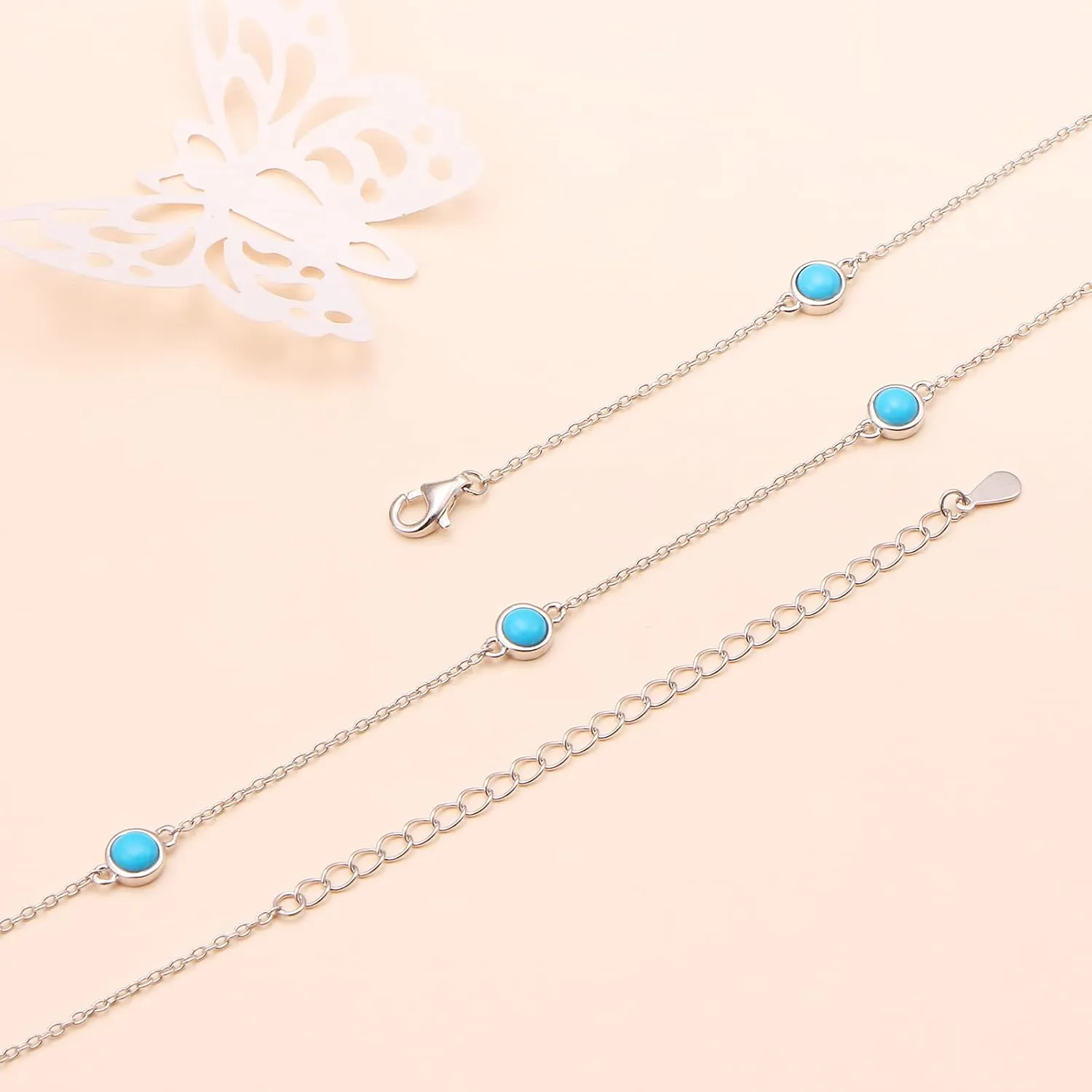 FLYOW S925 Sterling Silver Dainty Butterfly/Moonstone/Turquoise/Agate/Circle Choker Necklace Short Dainty Layered Pendant Necklace Jewelry for Women Girls