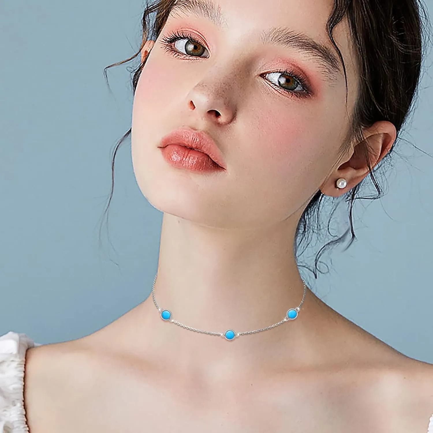 FLYOW S925 Sterling Silver Dainty Butterfly/Moonstone/Turquoise/Agate/Circle Choker Necklace Short Dainty Layered Pendant Necklace Jewelry for Women Girls