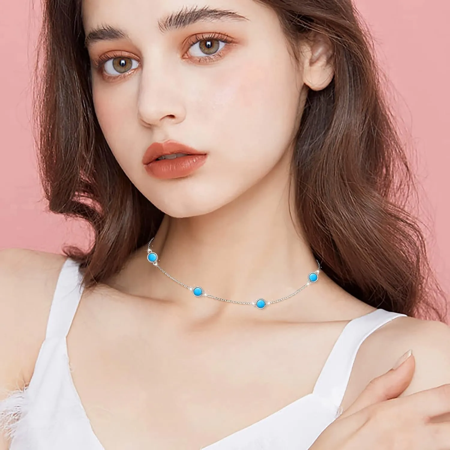 FLYOW S925 Sterling Silver Dainty Butterfly/Moonstone/Turquoise/Agate/Circle Choker Necklace Short Dainty Layered Pendant Necklace Jewelry for Women Girls