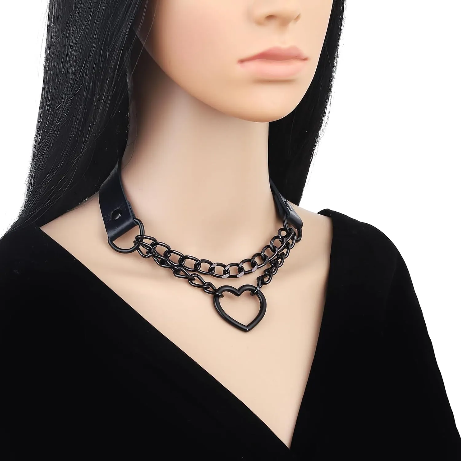 FM FM42 PU Simulated Leather Gothic Punk Black-tone Silver-tone Heart Ring Cuban Curb Link Chain Adjustable Neckband Collar Choker