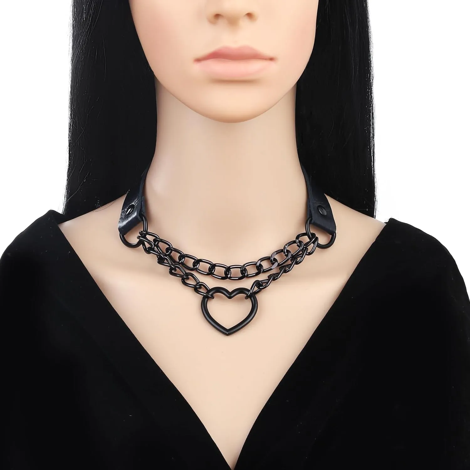 FM FM42 PU Simulated Leather Gothic Punk Black-tone Silver-tone Heart Ring Cuban Curb Link Chain Adjustable Neckband Collar Choker