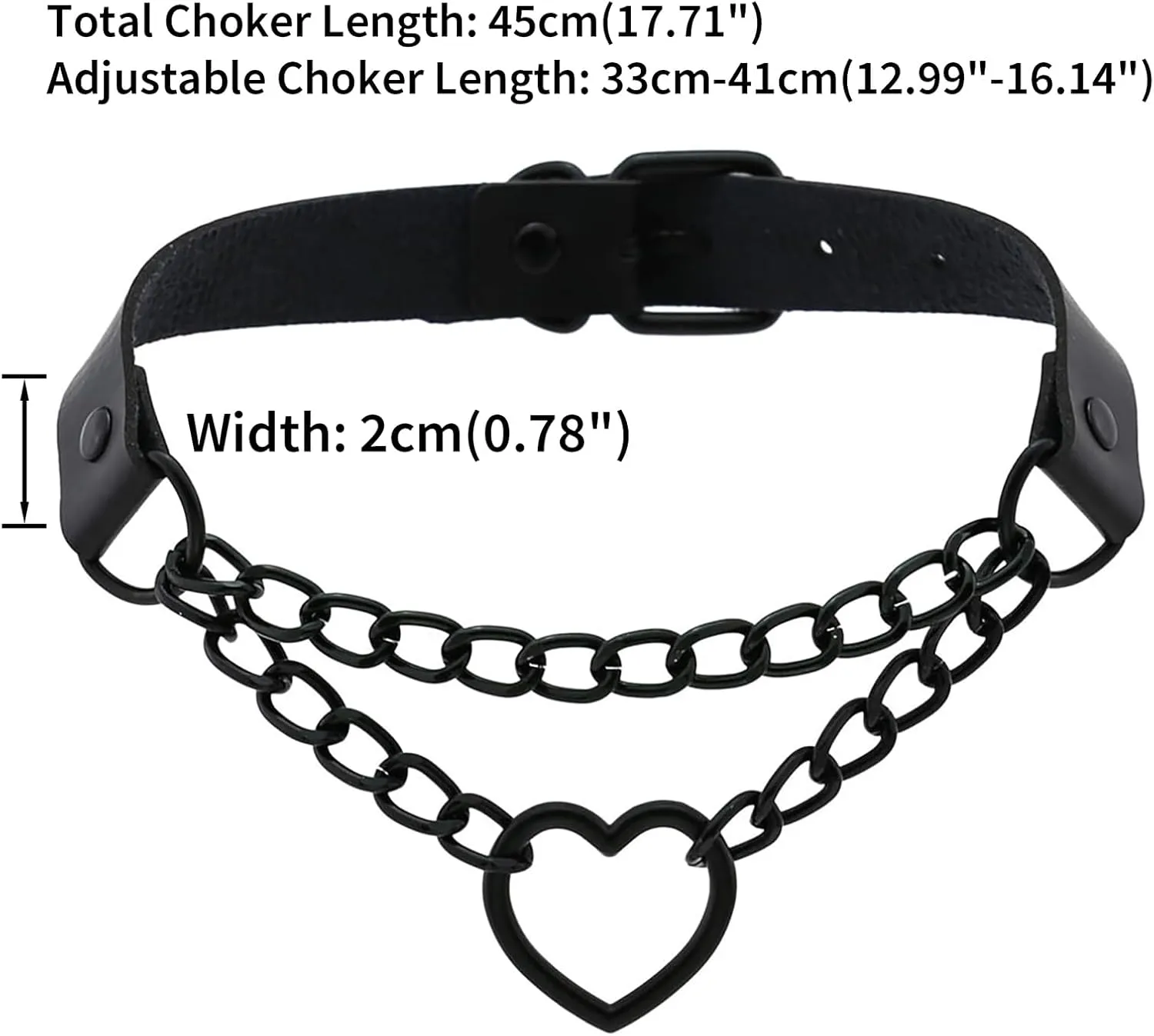 FM FM42 PU Simulated Leather Gothic Punk Black-tone Silver-tone Heart Ring Cuban Curb Link Chain Adjustable Neckband Collar Choker