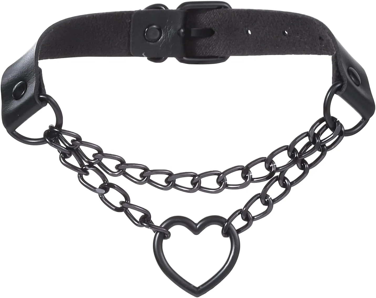 FM FM42 PU Simulated Leather Gothic Punk Black-tone Silver-tone Heart Ring Cuban Curb Link Chain Adjustable Neckband Collar Choker